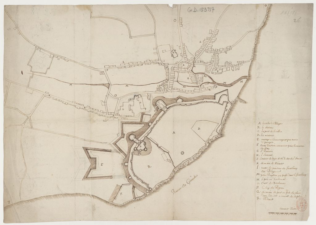 Plan de la citadelle et de la ville de Blaye. Dessin à l'encre, s.d. [vers 1630-1640]. (GE D-15327).