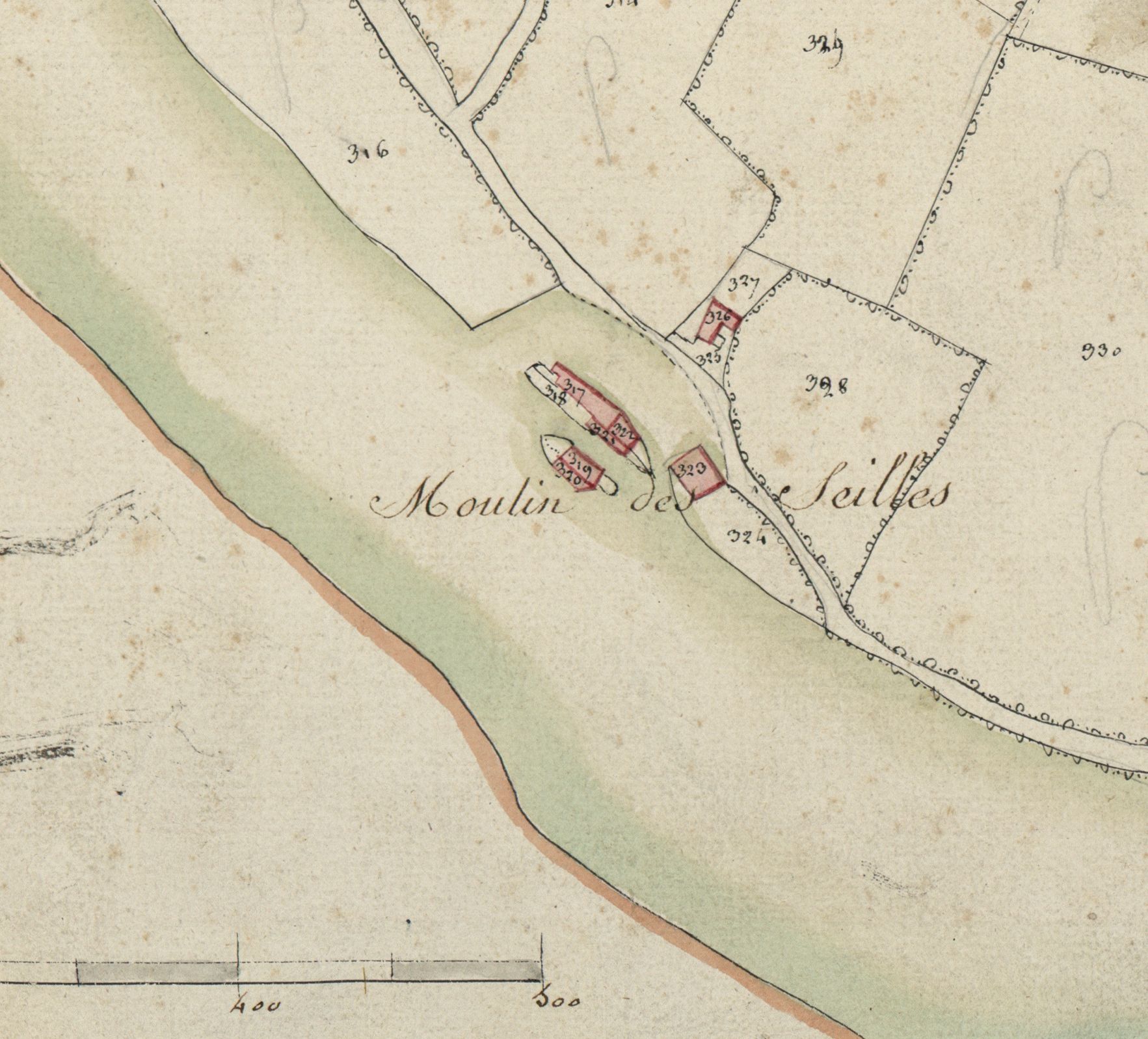 Le site des moulins des Seilles, extrait du cadastre de 1812.