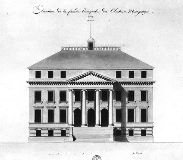 Elévation de la façade principale (détail), Louis Combes (dessin à l'encre, début 19e siècle).