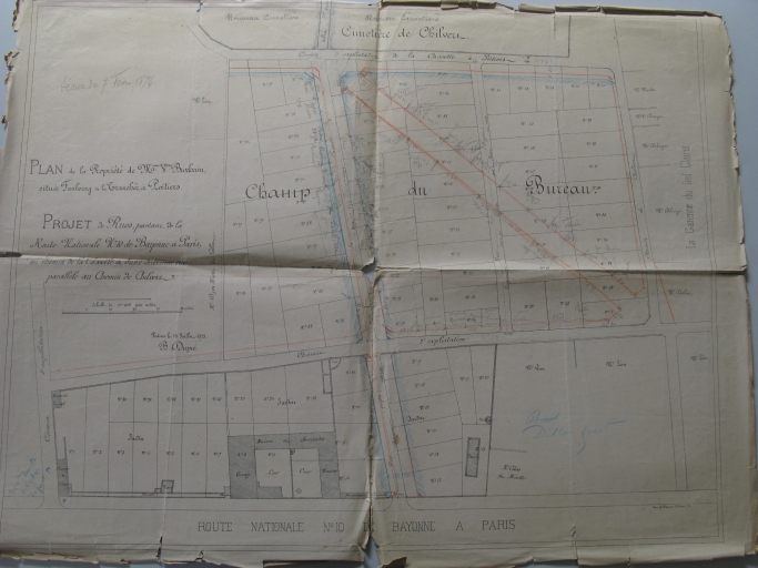 Plan de tracé de nouvelles rues entre la route de Bordeaux et le cimetière de Chilvert en 1873.