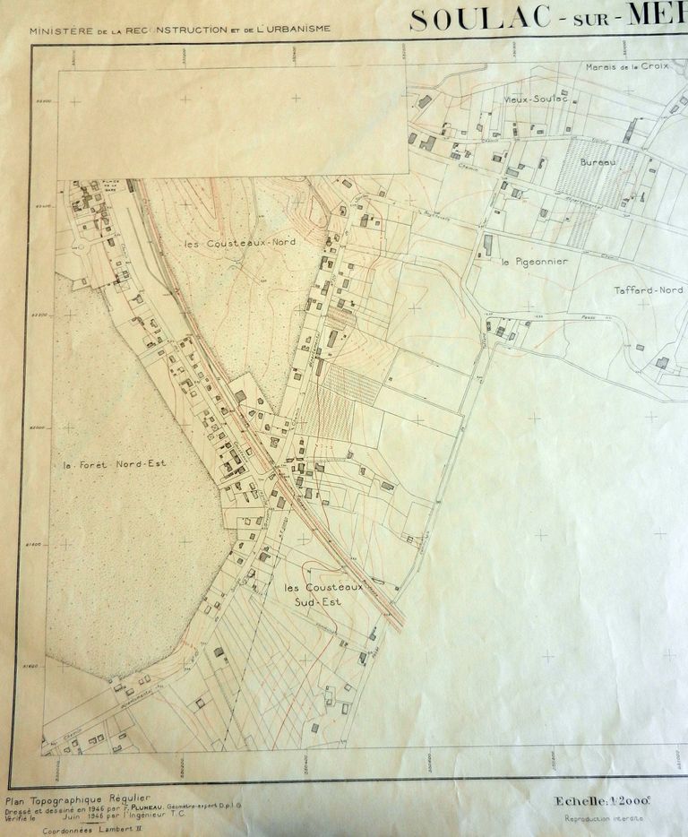 Plan topographique régulier, par F. Plumeau, géomètre expert, juin 1946, planche 1 : partie gauche (les Cousteaux).