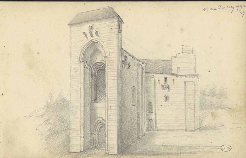 Dessin de l'église abbatiale de Saint-Amand-de-Coly par A. Rouméjoux, 19 octobre 1889.