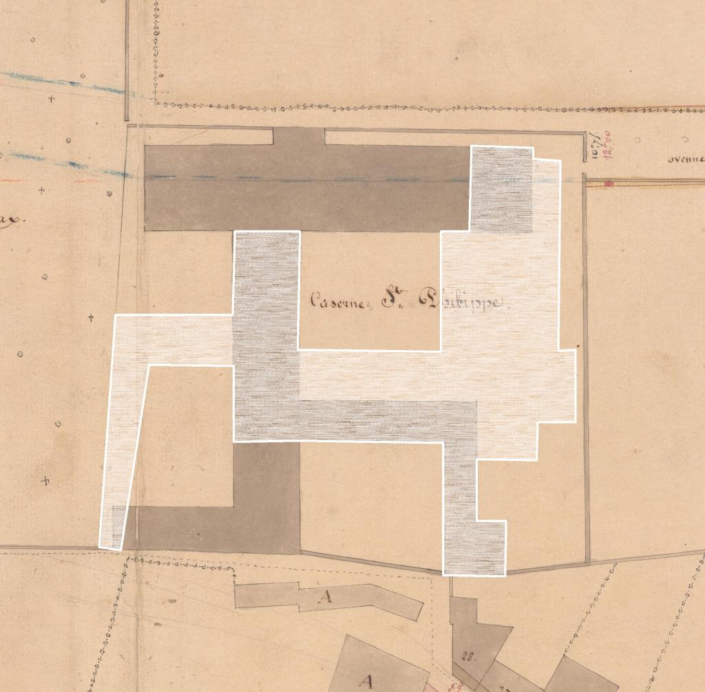 Schéma de l'emprise approximative des bâtiments du couvent des Capucins au 18e siècle (en blanc), par rapport au plan de 1841.