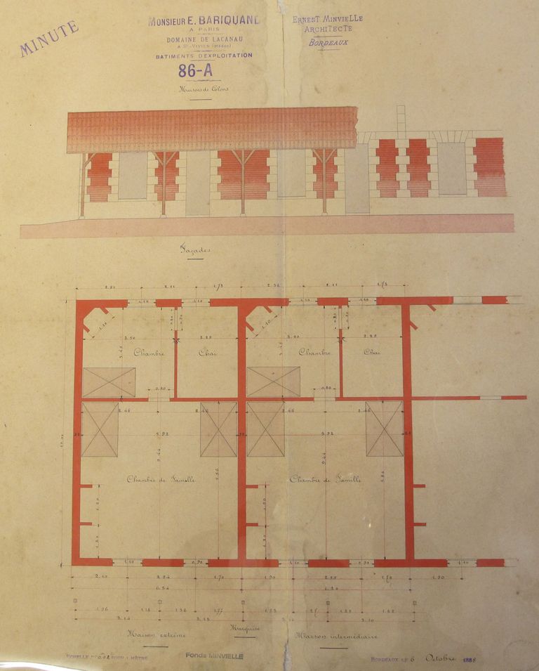 Domaine de Lacanau : bâtiments d'exploitation, maisons de colons, façade et plan, 6 octobre 1888.