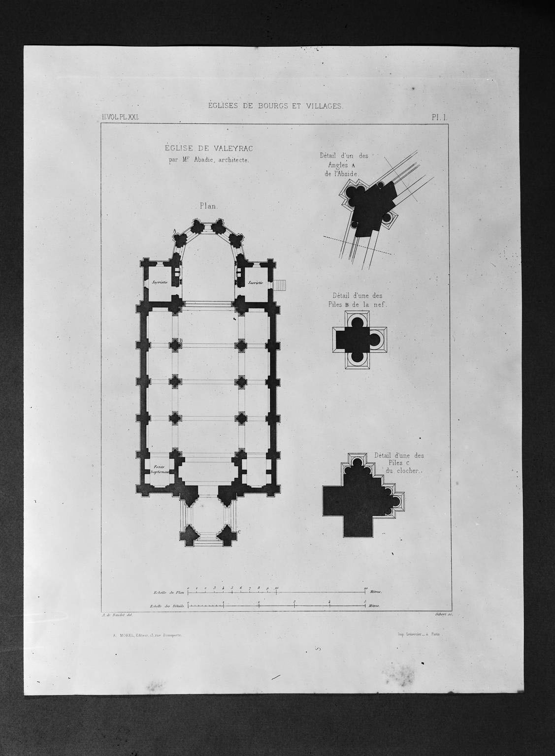 Plan et détails des piles, planche 1, d'après le dessin de Paul Abadie, publiée en 1867.