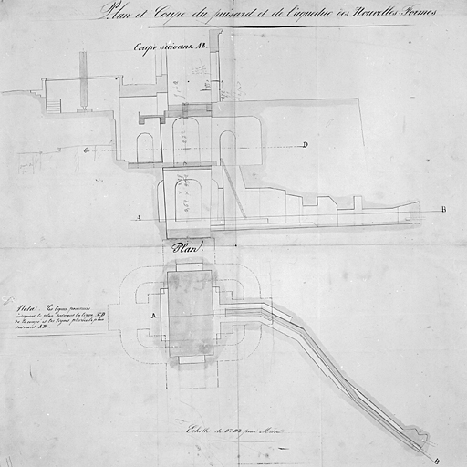 Plan et coupe du puisard et de l'aqueduc des nouvelles formes, s.n., s.d. Lavis sur papier, 57 x 58 cm.
