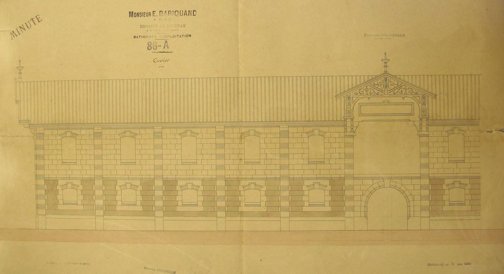 Domaine de Lacanau : bâtiments d'exploitation, cuvier, façade principale, 31 mai 1890.