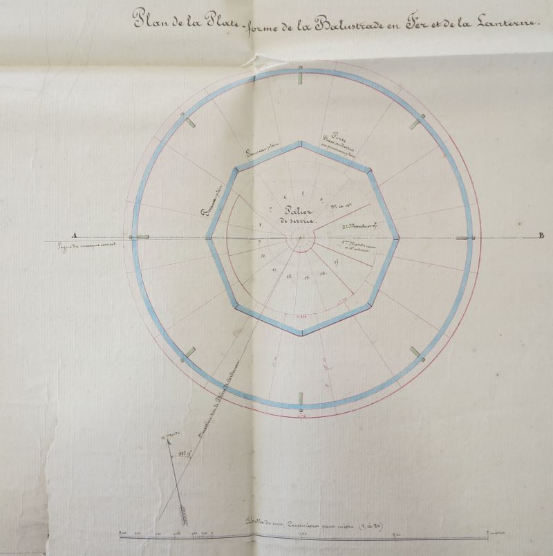 Projet de création de la lanterne octogonale au sommet du phare, 2 mars 1840, par l'ingénieur Lessore : plan de la plateforme autour de la lanterne.