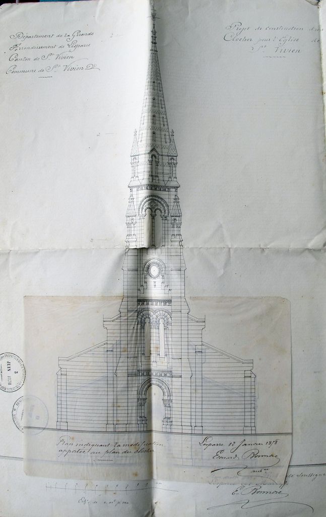 Projet de construction d'un clocher pour l'église de St Vivien. Détail : plan indiquant la modification apportée le 12 janvier 1878.