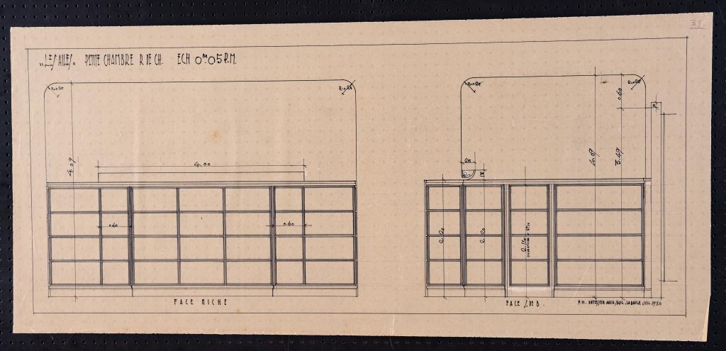 Petite chambre de l'appartement du rez-de-chaussée, élévations des faces du côté de l'alcôve et de la salle de bain, P. H. Datessen, La Baule, juillet 1936.
