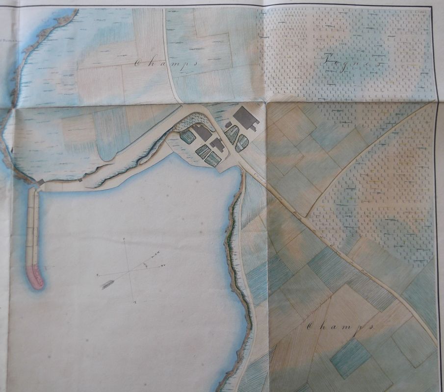 Extrait d'un plan du port en 1846 par l'ingénieur Botton, montrant les champs et les vignes aux alentours, ainsi que le bureau du port à l'entrée de la jetée.
