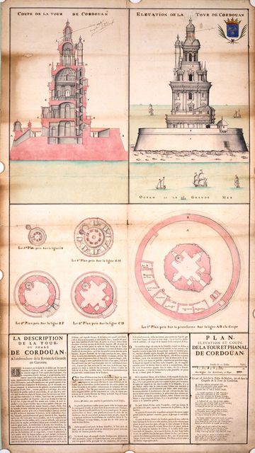 Plan, élévation et coupe de la tour de Cordouan, par Reveillaud, à Blaye, s.d. (1er quart du 18e siècle).