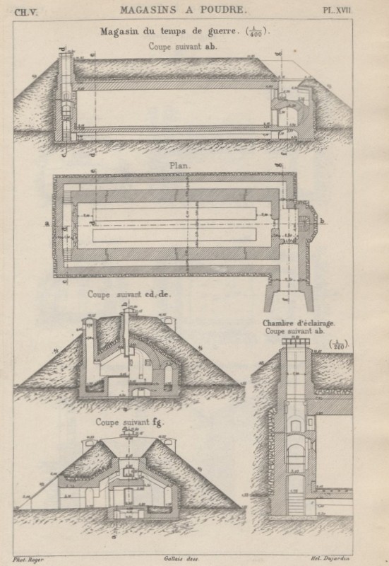 Plan et coupes d'un magasin à poudre modèle 1874. 