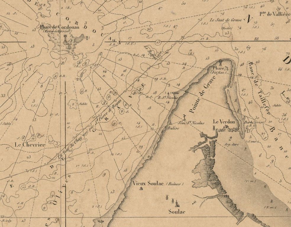 Carte des côtes de France (Embouchure de la Gironde et ses environs), 1825 : détail de la Pointe du Médoc.