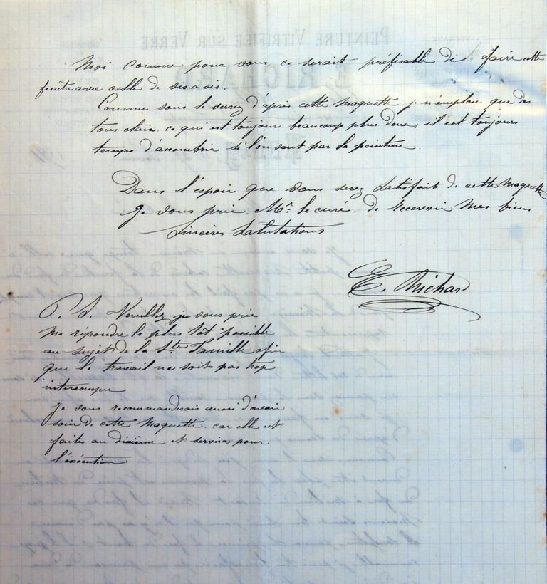 Lettre du verrier nancéien Émile Richard au curé Éloi Foy, annonçant l'envoi de maquettes coloriées des verrières du chœur, 27 février 1891, fin (AP Coudures).