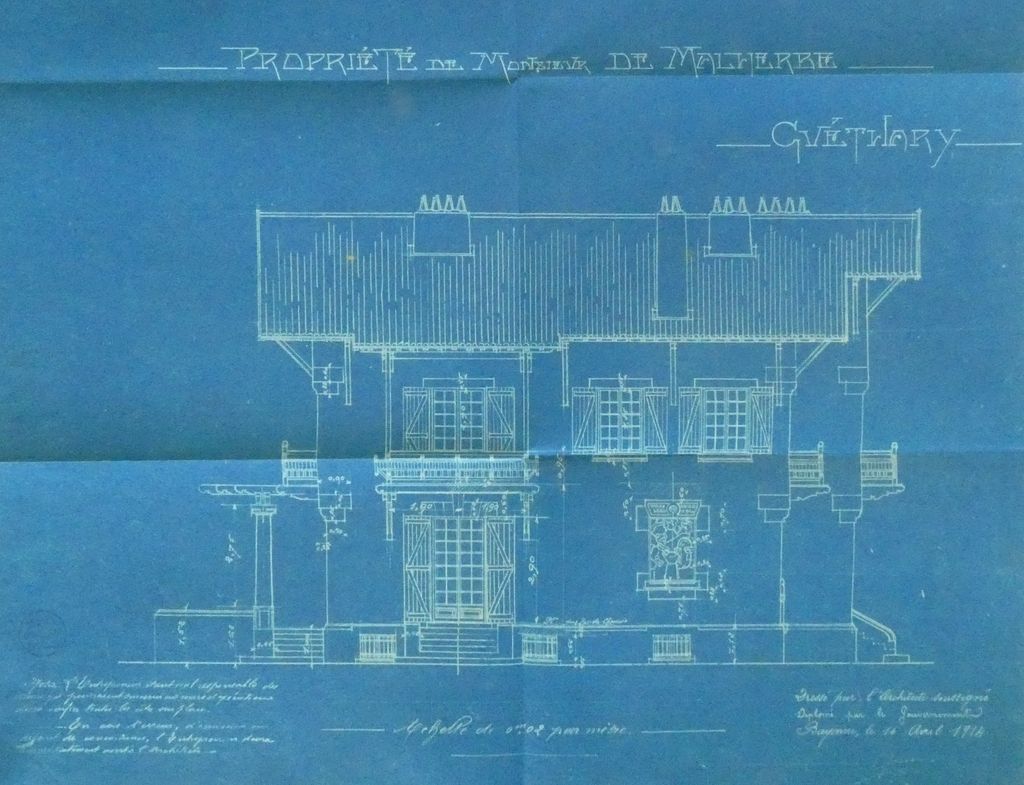 Plan de la façade latérale sud, Louis Gomez, 16 avril 1914. Bleu.