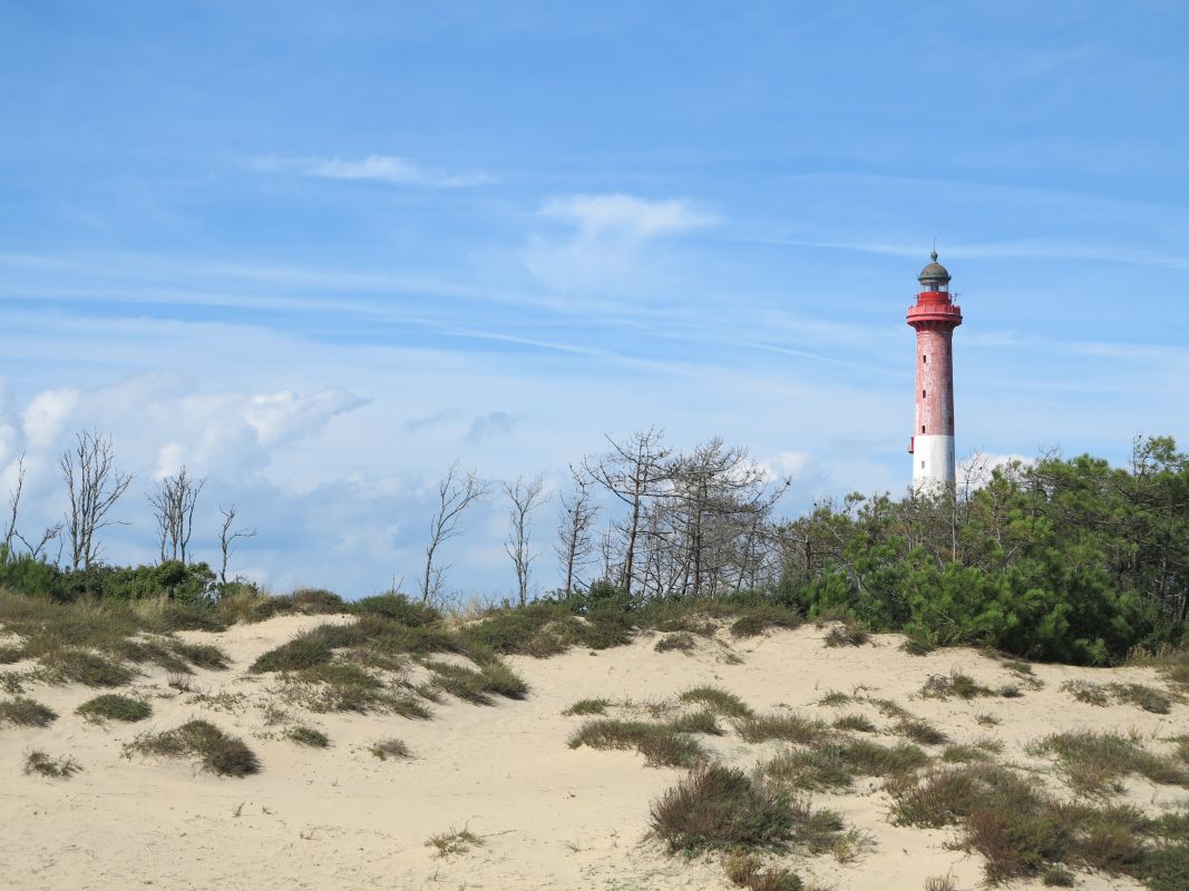 Le phare vu depuis le sud, émergeant au-dessus des dunes.