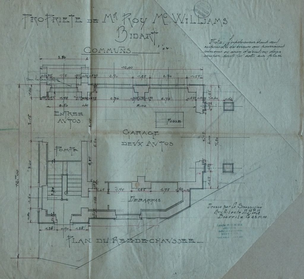 Plan du rez-de-chaussée, 23 novembre 1910, Louis Gomez.