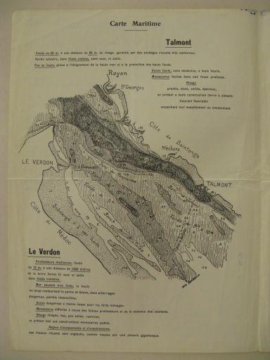 Carte montrant la profondeur d'eau devant Talmont, extraite d'une brochure comparant Talmont et le Verdon, vers 1920.