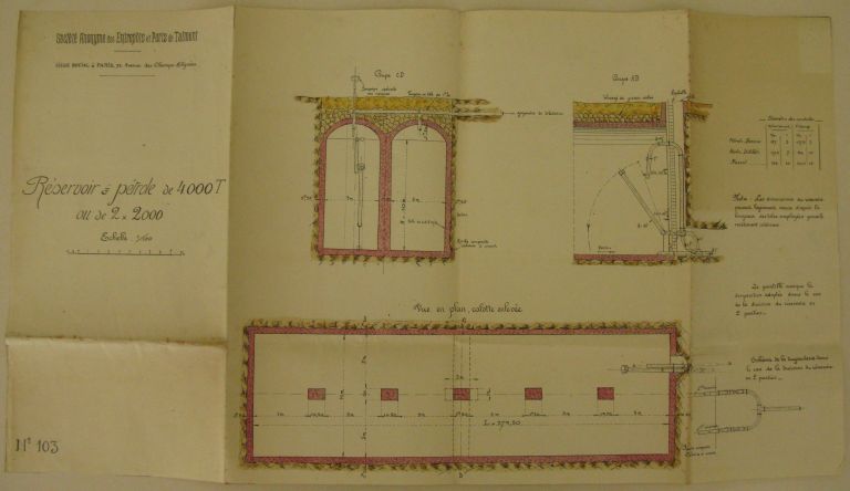 Projet de port pétrolier au Caillaud, vers 1922 : plan et coupe d'un réservoir à pétrole.