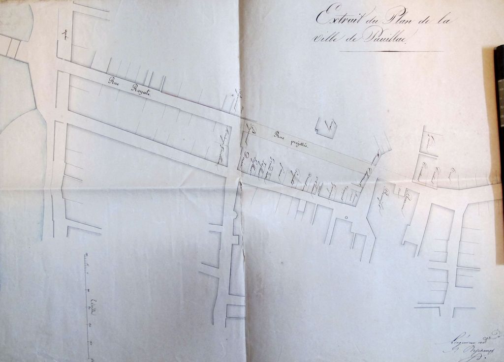 « Extrait du plan de la ville de Pauillac ». Papier, encre, lavis, par Deschamp (ingénieur ordinaire), s.d. : prolongement de la rue Royale.