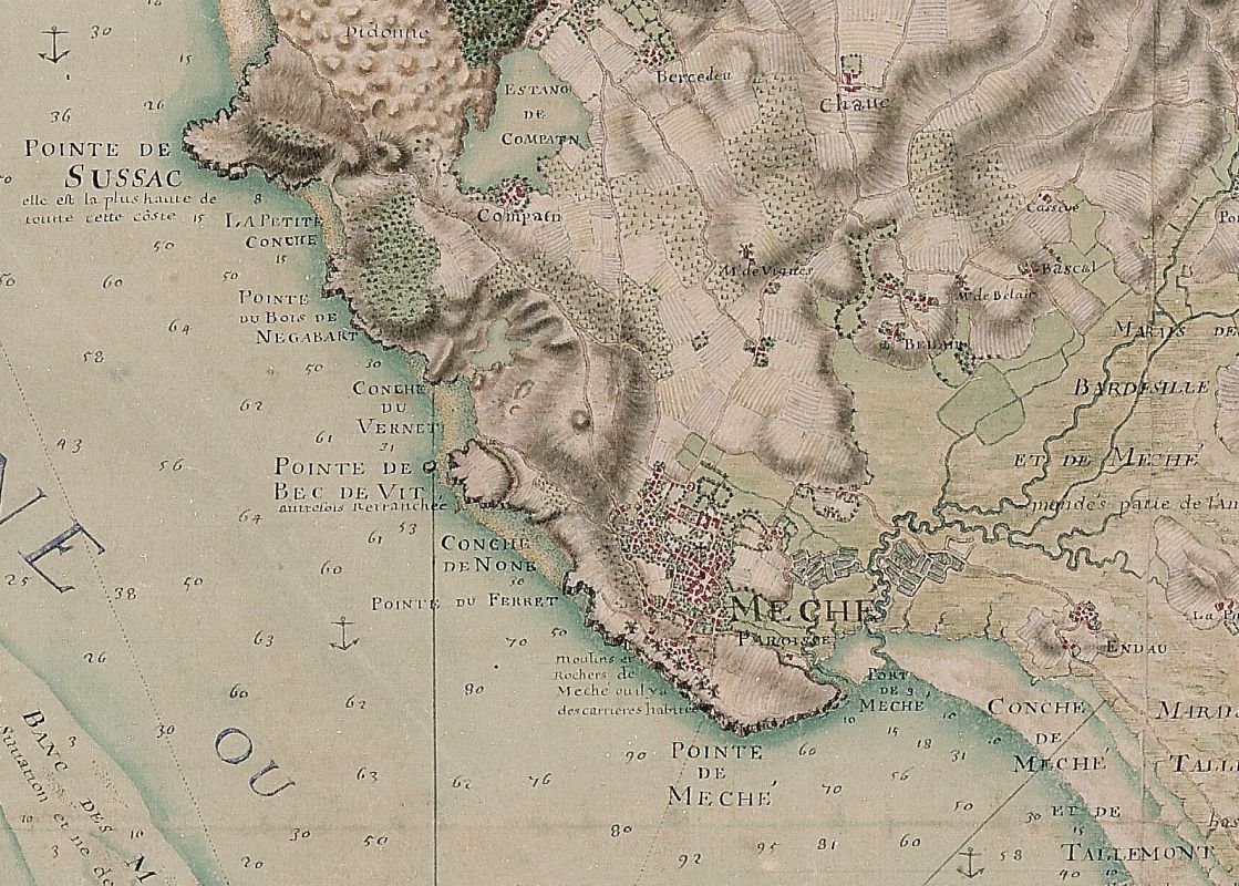 Meschers sur une carte de la région en 1708, par Claude Masse.