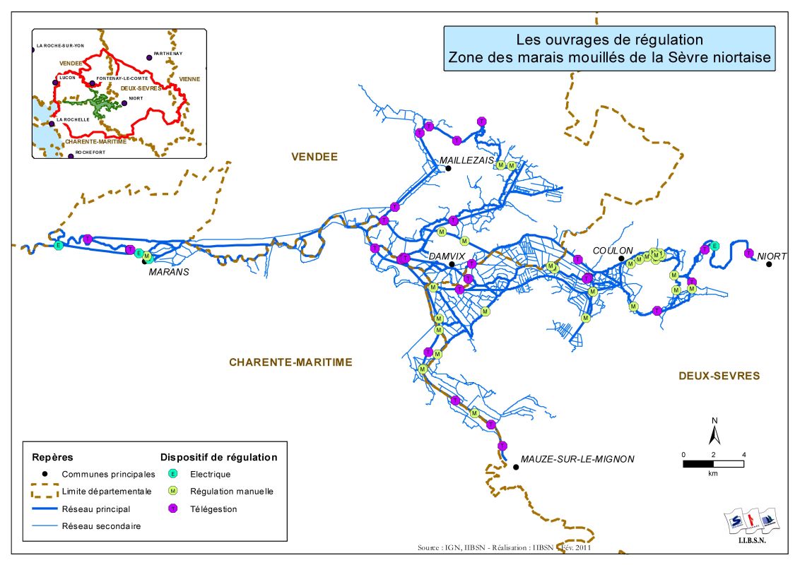 Carte des ouvrages de régulation des marais mouillés de la Sèvre Niortaise (source : IIBSN).