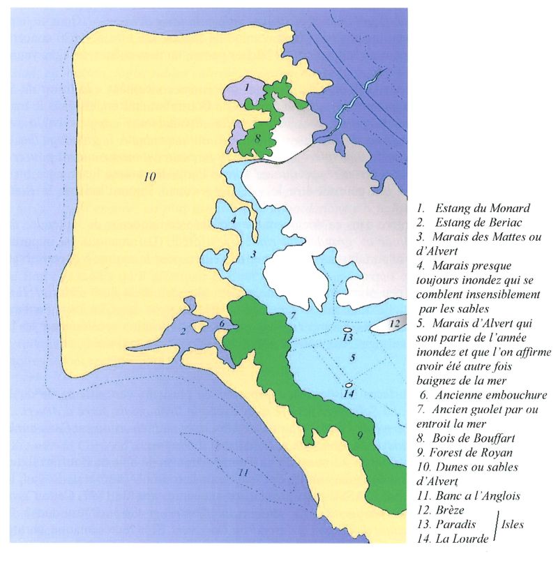 Essai de reconstitution de la presqu'île d'Arvert vers 1700, d'après les cartes de Claude Masse.