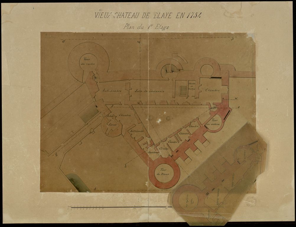 Vieux château de Blaye en 1754 : Plan du 1er étage [sans retombe]. Dessin, encre et lavis.