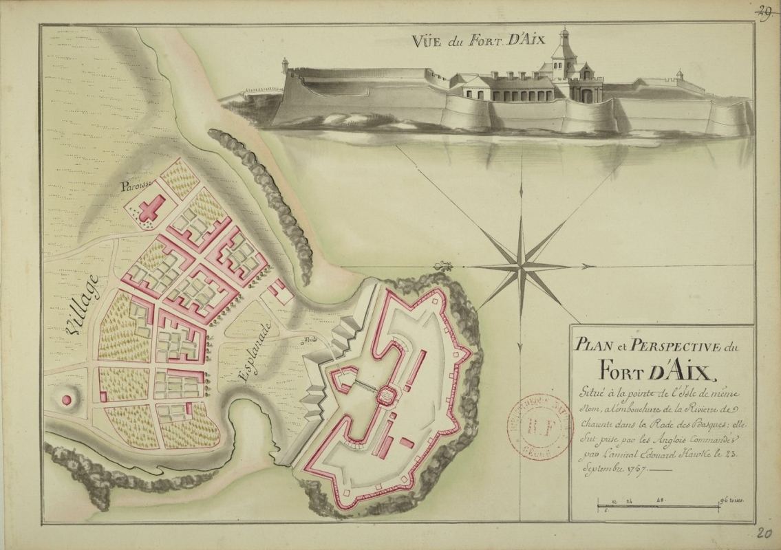 Carte de la pointe sud de l'île d'Aix et dessin du fort de la Rade avant 1757, par H.-E. Diot, 1770.
