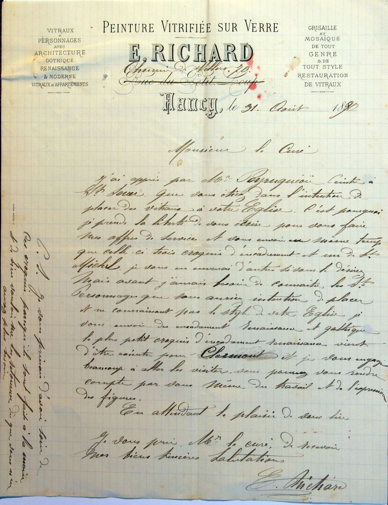 Lettre du verrier nancéien Émile Richard au curé Éloi Foy, proposant ses services pour la réalisation des verrières de l'église de Coudures, 31 août 1890 (AP Coudures).