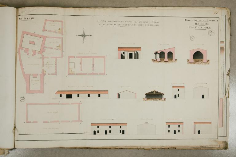 Magasin à poudre, salles, hangard et logement de garde d'artillerie du Fort La Prée, plans, coupes et élévations