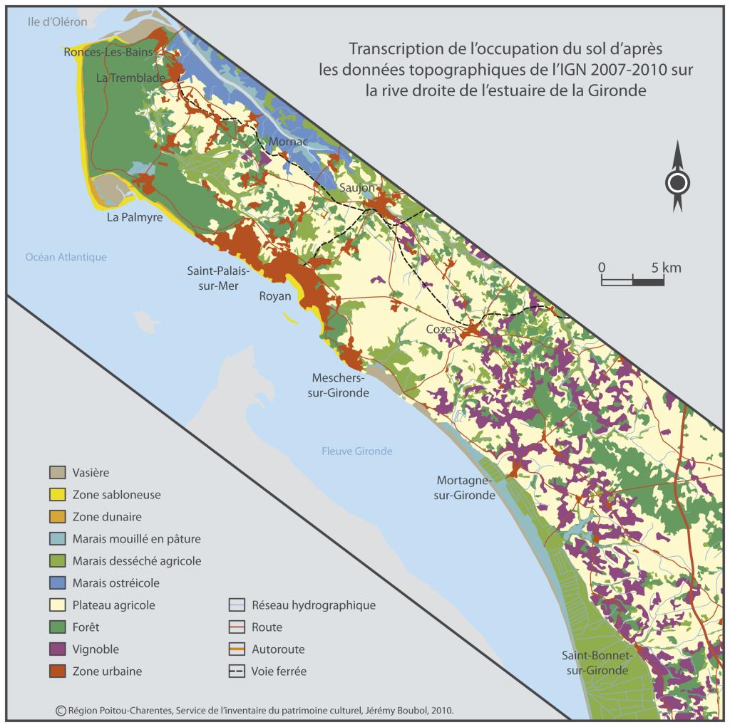 Transcription de l’occupation du sol d’après les données topographiques de l’IGN (2007-2010), sur la rive droite de l’estuaire de la Gironde.