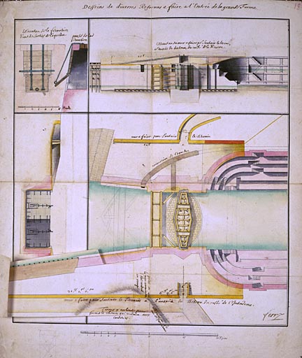 Desseins de diverses réformes à faire à l'entrée de la grande forme, par Ferry, [1820]. Lavis sur papier, 48 x 41 cm.