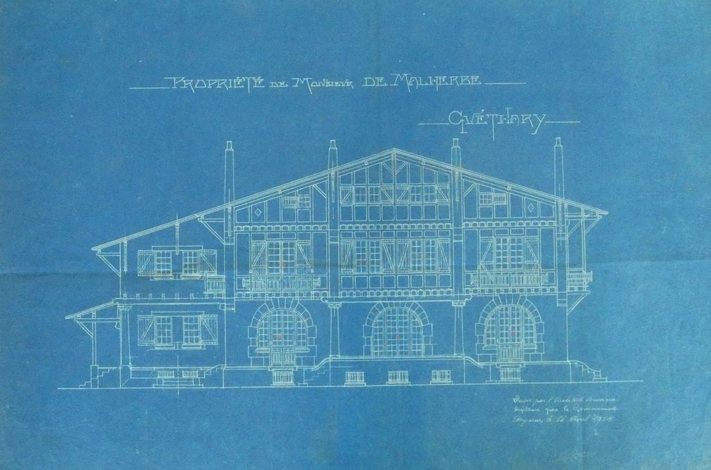 Plan de la façade sur jardin, Louis Gomez, 16 juillet 1914. Bleu. 