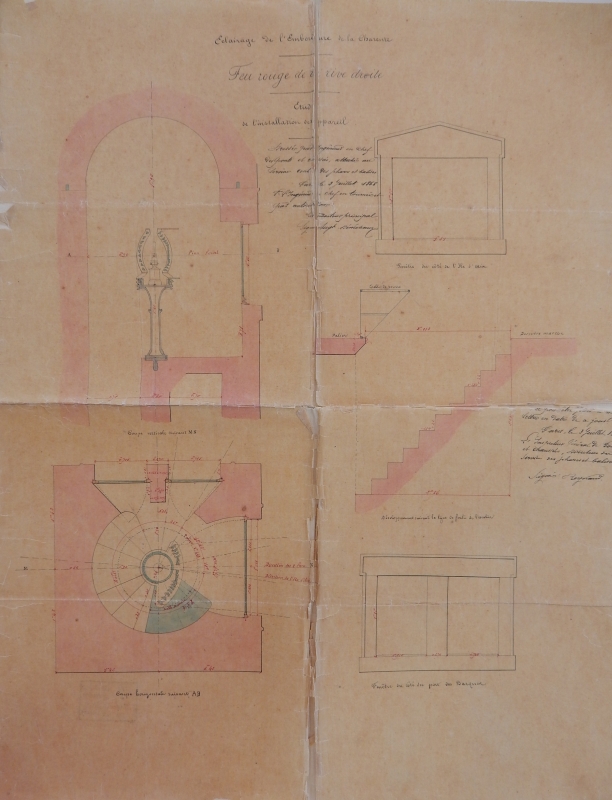 L'installation des appareils dans la tour amont de la rive droite : plan et coupe, 1868. 