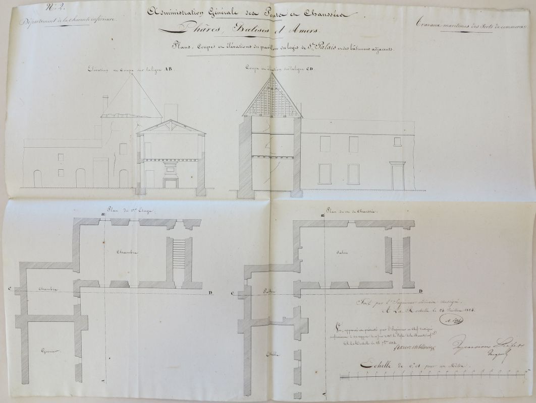 Plan et coupe du Logis de Saint-Palais, en particulier du pavillon d'angle servant d'amer, par Alexandre Potel, 24 juillet 1824.