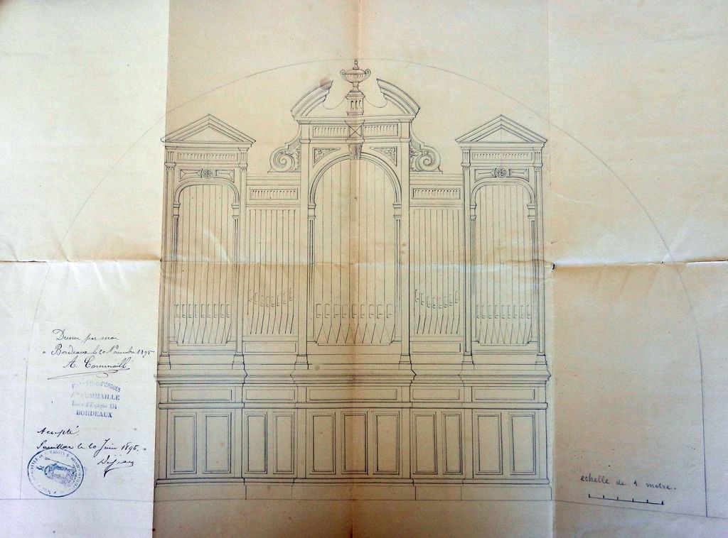 Plan d'une tribune d'orgues. Papier, encre, par A. Commaille, facteur d'orgues, 20 novembre 1895.
