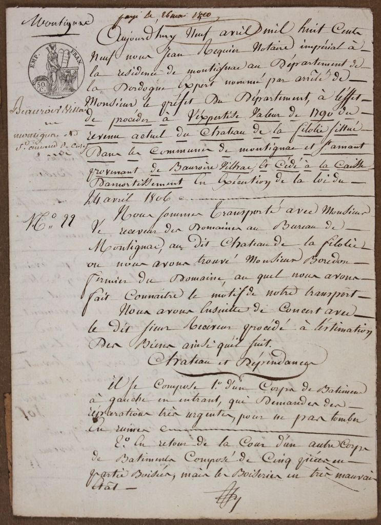 Procès-verbal de visite du château, 9 avril 1809, fol. 1r° (AD Dordogne, Q 835). 