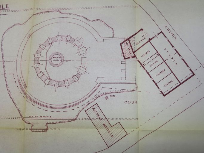 Extrait d'un plan du moulin du Fâ en 1965 : le temple et la ferme.