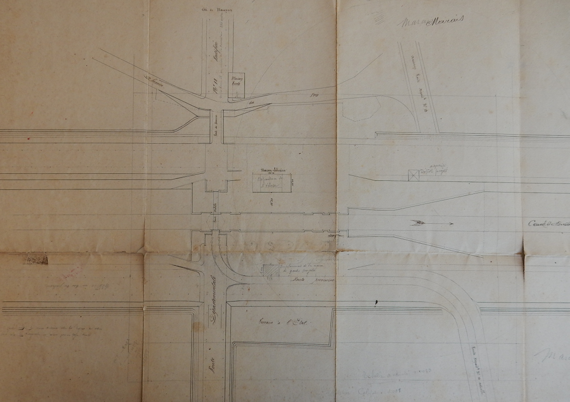 Plan des abords de l'écluse de Saint-Savinien, vers 1868 : la dérivation éclusée et le pont mobile projeté.