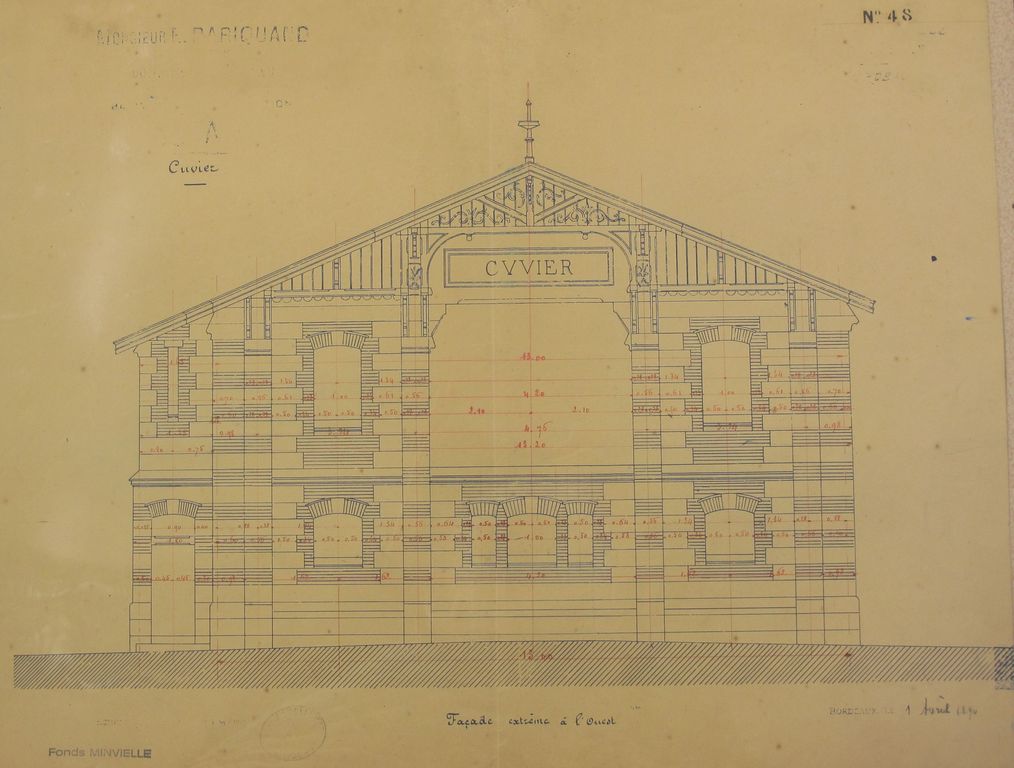 Domaine de Lacanau : bâtiments d'exploitation, cuvier, façade extrême à l'ouest, 1er avril 1890.