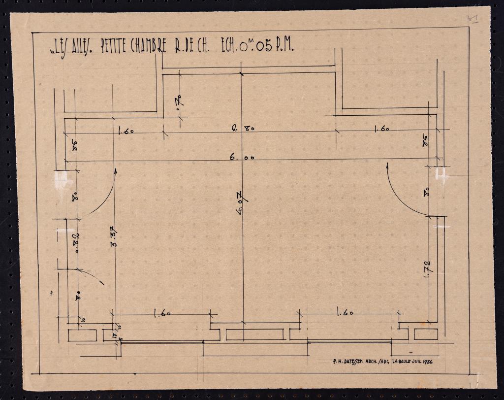 Plan de la petite chambre de l'appartement du rez-de-chaussée, P. H. Datessen, La Baule, juillet 1936.