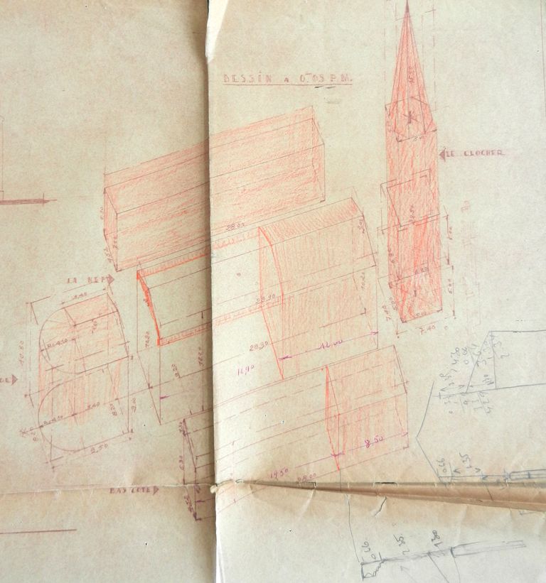 Dommages de guerre, plans de l'église avant sinistre, 25 septembre 1949 : dessin à 0 m 05 P.M.