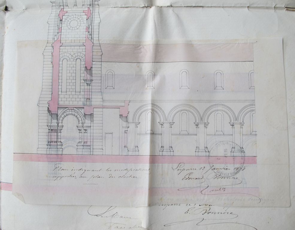 Projet de construction d'un clocher pour l'église de St Vivien. Détail de la retombe, coupe : plan indiquant les modifications apportées au plan du clocher, le 12 janvier 1878
