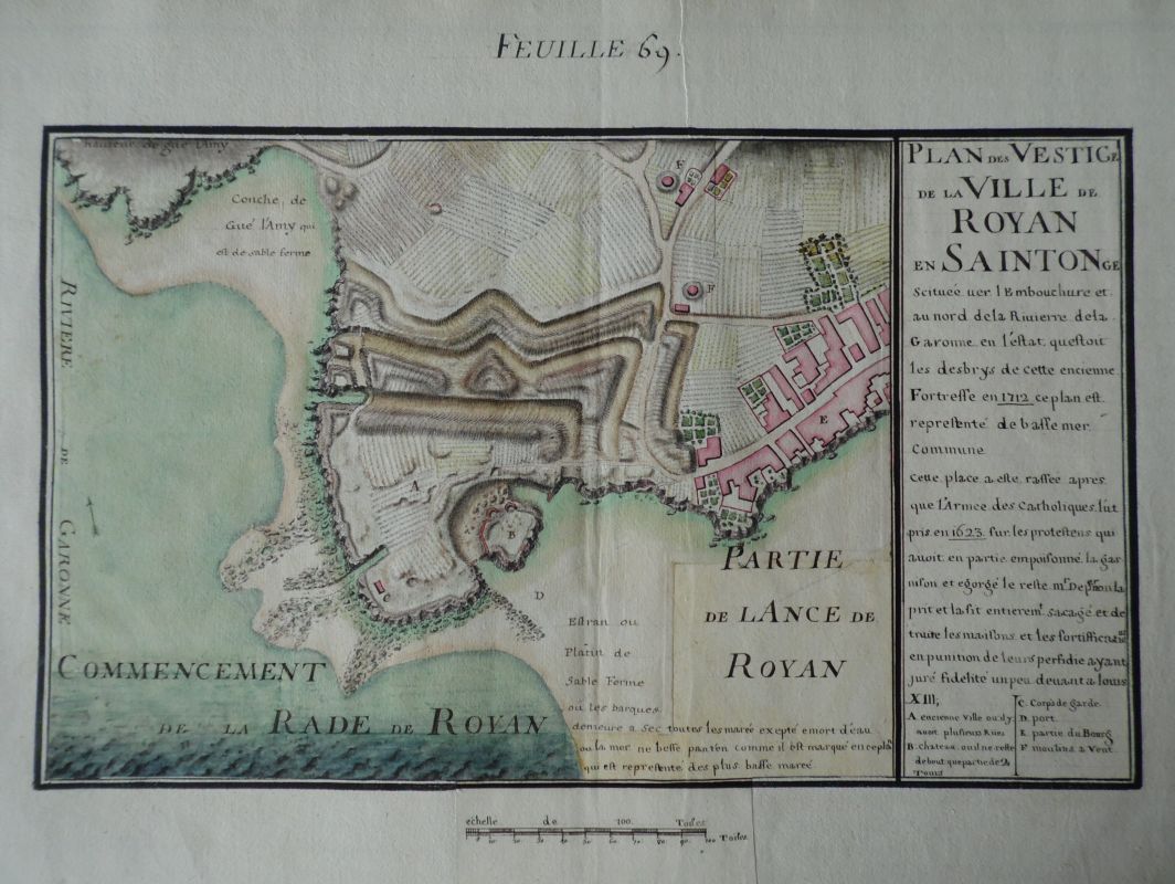 Plan des vestige de la ville de Royan (...) en l'estat qu'estoit les desbrys de cette encienne forteresse en 1712, par Claude Masse, avec le port (repère D).