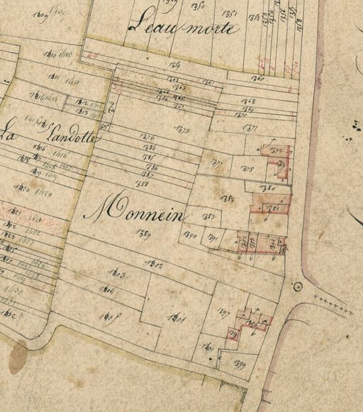 Extrait du plan cadastral de 1826 : ancien village de Monein, bourg actuel.