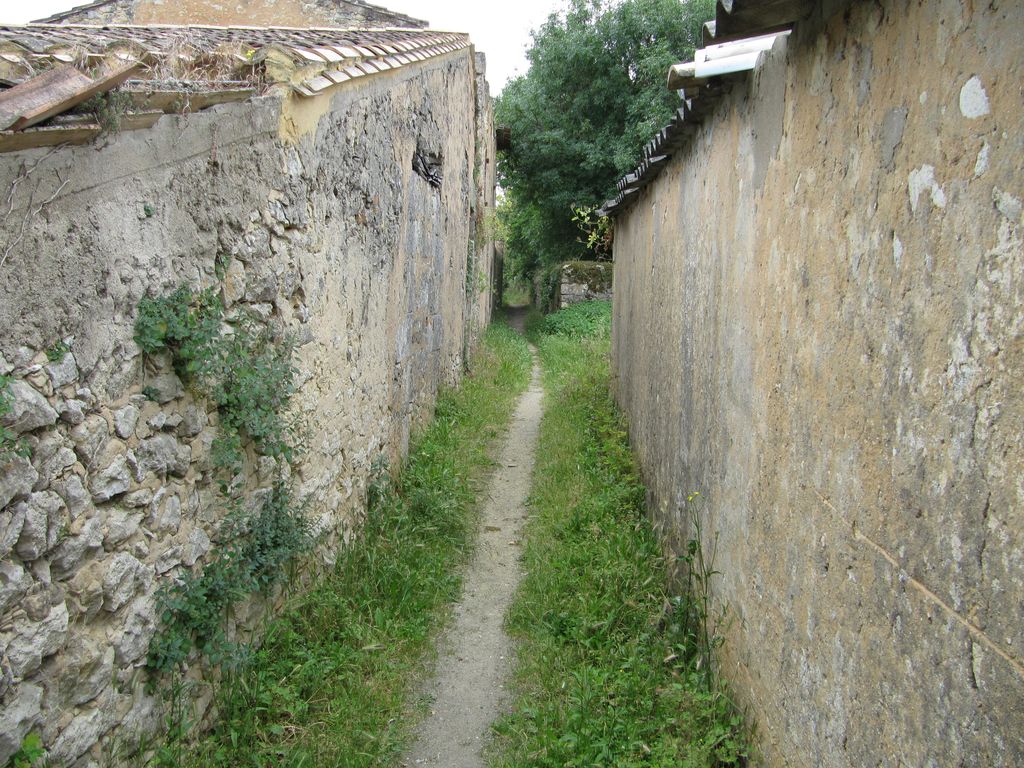 Chemin public à l'arrière des maisons côté impair de la rue de l'Hôpital : passage entre des bâtiments de dépendance donnant sur les jardins.