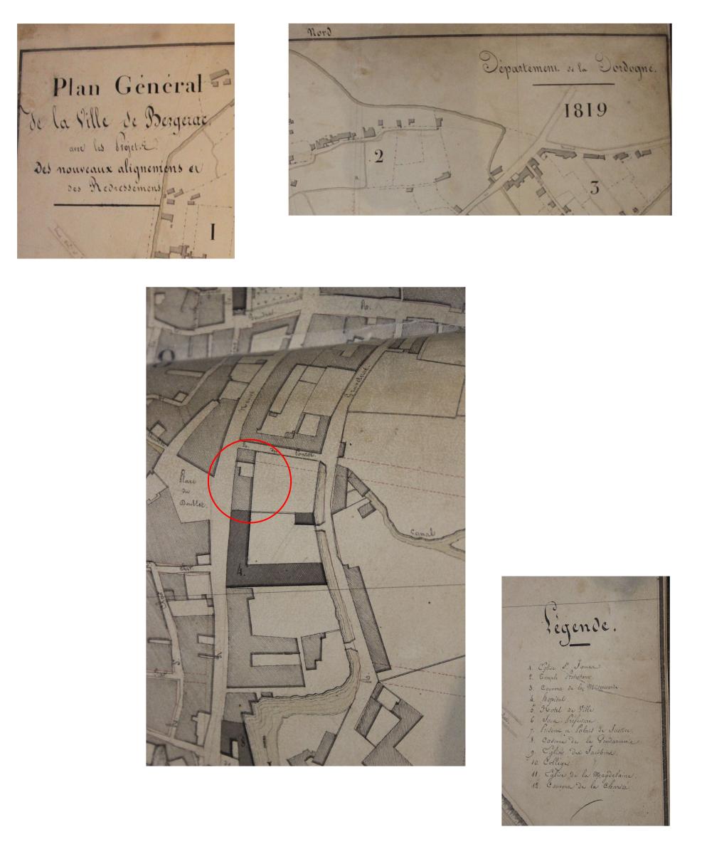 Détails du plan général de la ville de Bergerac, avec les projets d'alignement et d'agrandissement, avec localisation de la maison dite maison Leydier, 1819 (le nord est en haut).
