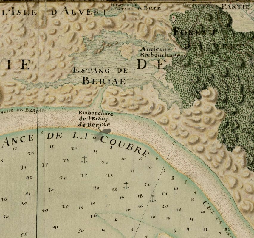 L'étang de Bréjat, l'anse de la Coubre et la forêt d'Arvert sur une carte de l'embouchure de la Gironde par Claude Masse, vers 1706.